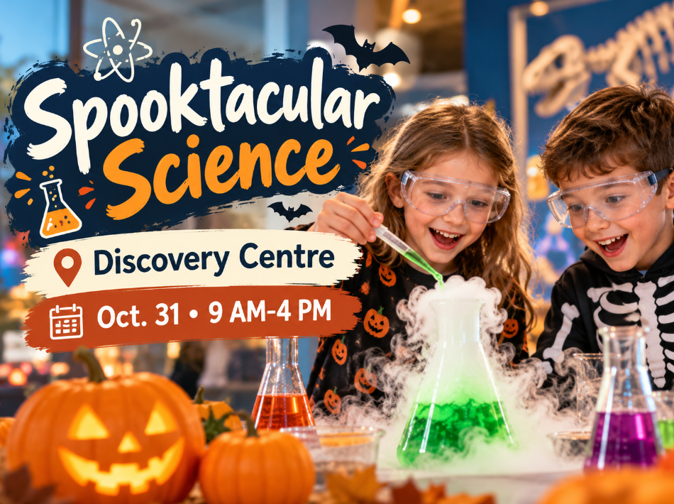 Halloween-themed Spooktacular Science poster for the Discovery Centre. Two smiling children wearing safety goggles and Halloween costumes conduct a colourful science experiment with bubbling green liquid and swirling mist. Pumpkins, laboratory flasks and bat decorations surround them. Text reads “Spooktacular Science, Discovery Centre, October 31, 9 AM–4 PM.”